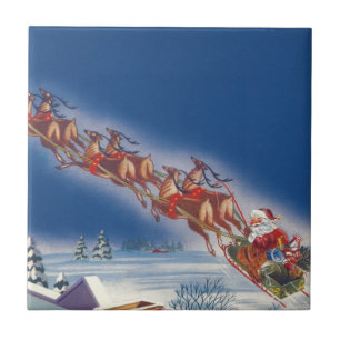 Vintage jul, Santa Flies Sleigh w Reindeer Kakelplatta