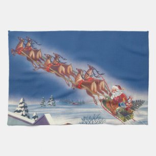 Vintage jul, Santa Flies Sleigh w Reindeer Kökshandduk