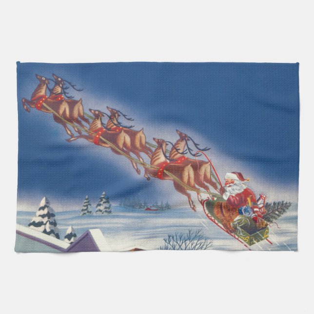 Vintage jul, Santa Flies Sleigh w Reindeer Kökshandduk (Horisontell)