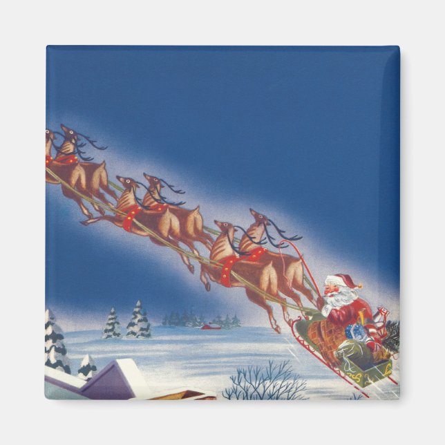 Vintage jul, Santa Flies Sleigh w Reindeer Magnet (Framsidan)