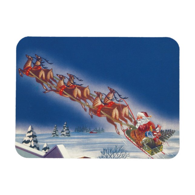 Vintage jul, Santa Flies Sleigh w Reindeer Magnet (Horisontell)