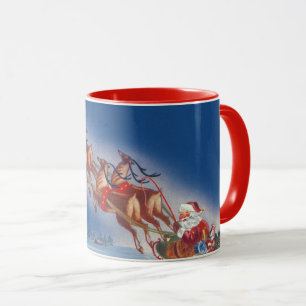 Vintage jul, Santa Flies Sleigh w Reindeer Mugg