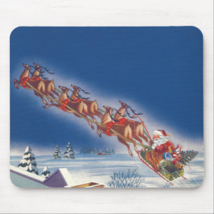 Vintage jul, Santa Flies Sleigh w Reindeer Musmatta