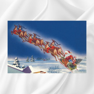 Vintage jul, Santa Flies Sleigh w Reindeer Poster