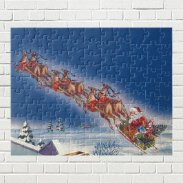 Vintage jul, Santa Flies Sleigh w Reindeer Pussel
