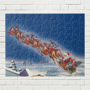 Vintage jul, Santa Flies Sleigh w Reindeer Pussel