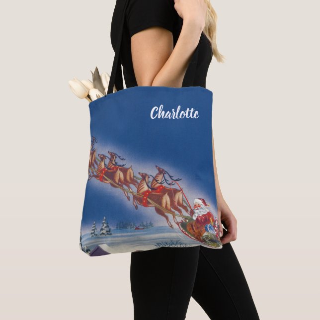 Vintage jul, Santa Flies Sleigh w Reindeer Tygkasse (Närbild)