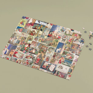Vintage jul Santa Holiday decoupage vykort Pussel