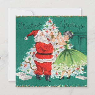 Vintage jul Santa och flicka dekorerar träd Julkort