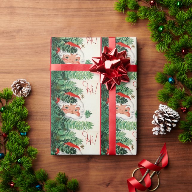 Vintage jul Santa Peeking runt Träd Presentpapper (Julgåva)