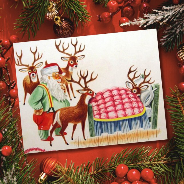 Vintage jul Santa with Sick Reindeer Julkort (Skapare uppladdad)