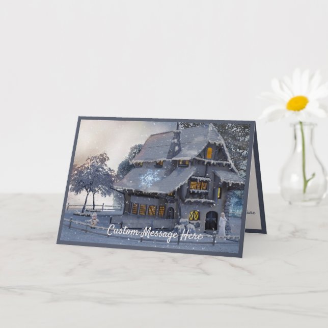 Vintage jul Scene Cottage Snögubbe Kort (Liten växt)