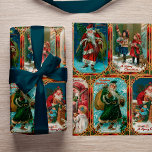 Vintage jul Scenes i Guld Gothic Gräns Presentpapper<br><div class="desc">Festiv och färglös vintage som upprepar helgdag med återgivna Viktorianska hälsningskortbilder som skildrar scener av Pappa jul och barn,  var och en inramad i ett ornat,  gotiskt nedfläckad stil ornamental guld gräns.</div>