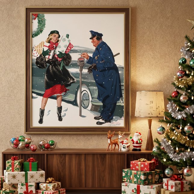 Vintage jul, Shopping Presenter Policeman Poster (Vintage illustration Christmas design featuring a lady carrying presents with a police officer.)
