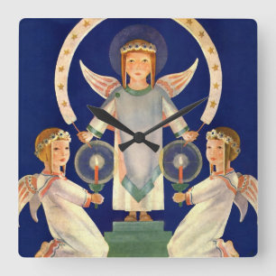 Vintage jul, skandinaviska Sankta Lucia-änglar Fyrkantig Klocka