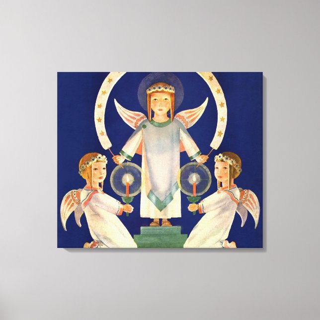 Vintage jul, skandinaviska Santa Lucia-änglar Canvastryck (Framsida)