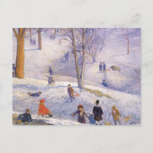 Vintage jul, slädåkning, Central Park Glackens Helg Vykort