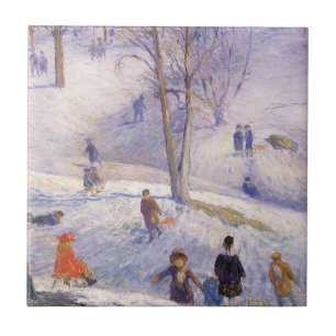 Vintage jul, slädåkning, Central Park Glackens Kakelplatta