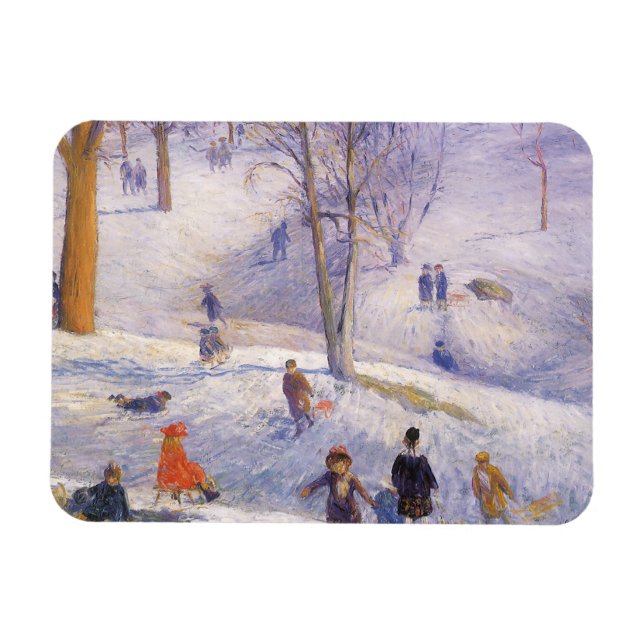 Vintage jul, slädåkning, Central Park Glackens Magnet (Horisontell)