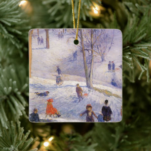 Vintage jul, Sledding, Central Park Glackens Julgransprydnad Keramik