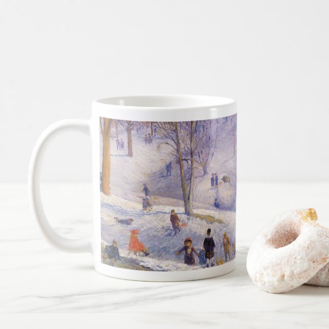 Vintage jul, Sledding, Central Park Glackens Kaffemugg (Med munk)