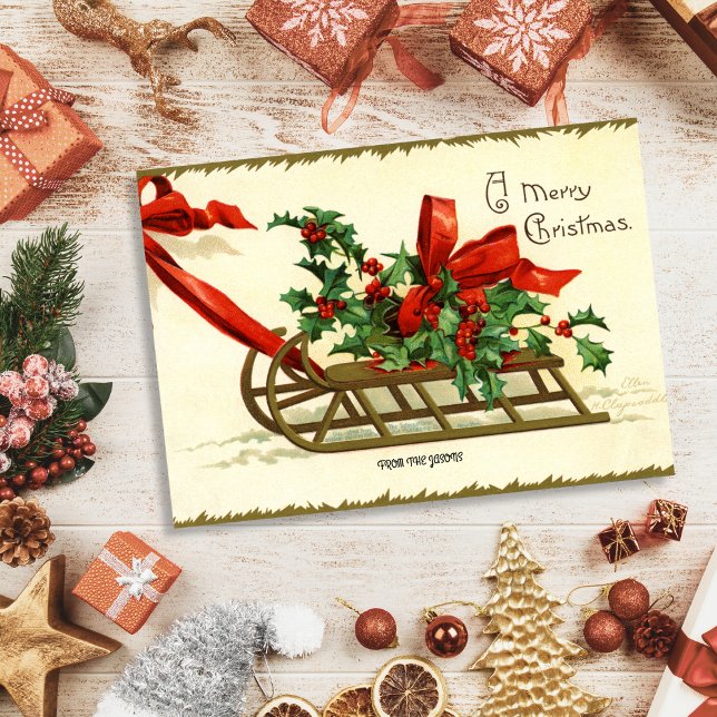 Vintage jul Sleigh hälsning Julkort (Vintage Christmas Sleigh Greetings Holiday Card)
