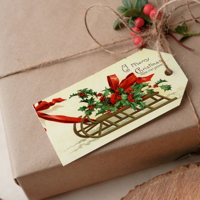Vintage jul Sleigh hälsning Presentetikett (Vintage Christmas Sleigh Greetings Gift Tag)