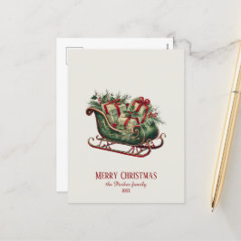 Vintage jul Sleigh med presenter och Greenery Helg Vykort
