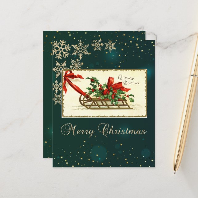 Vintage jul Sleigh,Mistletoe Snöflingor (Fram/Back In Situ)