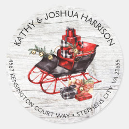 Vintage jul Sleigh och Paket Wood Adress Runt Klistermärke