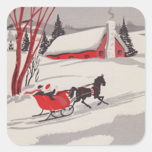 Vintage jul Sleigh Snö Scene Fyrkantigt Klistermärke