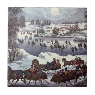 Vintage jul Sleighs, Central Park i vinter Kakelplatta