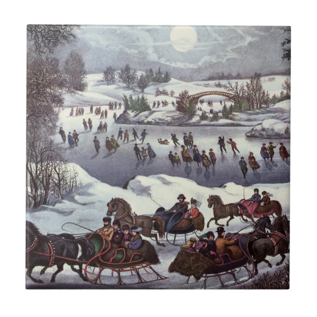 Vintage jul Sleighs, Central Park i vinter Kakelplatta (Framsidan)