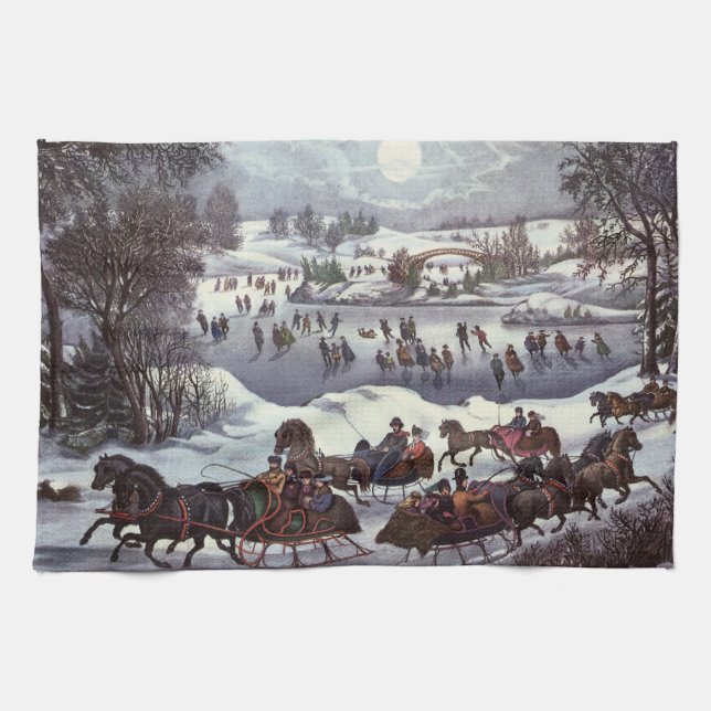Vintage jul Sleighs, Central Park i vinter Kökshandduk (Horisontell)