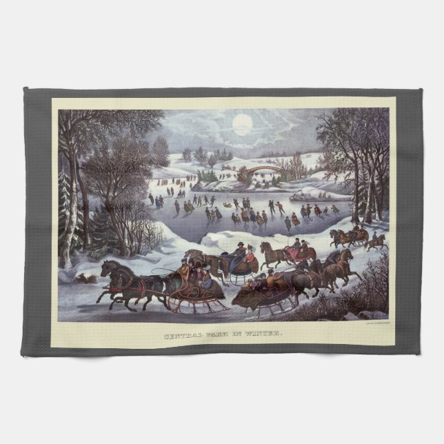 Vintage jul Sleighs, Central Park i vinter Kökshandduk (Horisontell)