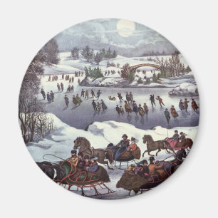 Vintage jul Sleighs, Central Park i vinter Magnet