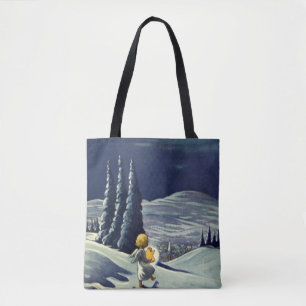 Vintage jul, snöängel som går med en stjärna tygkasse