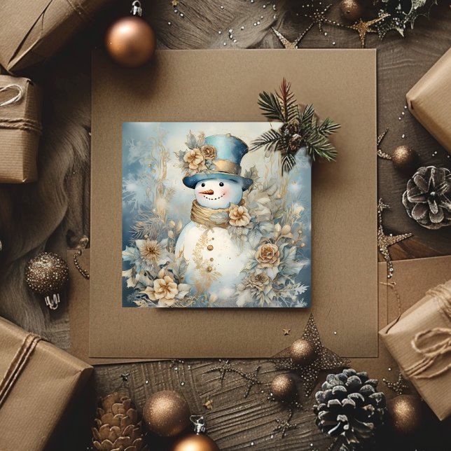 Vintage jul, Snögubbe Blue och Guld Julkort (Vintage Christmas Snowman Blue and Gold Holiday Card)