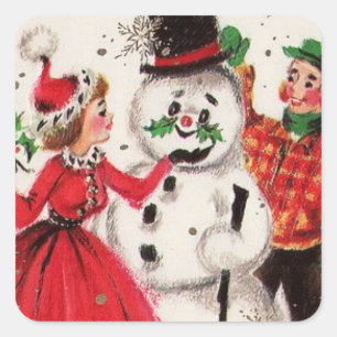 Vintage jul Snögubbe med familj Fyrkantigt Klistermärke