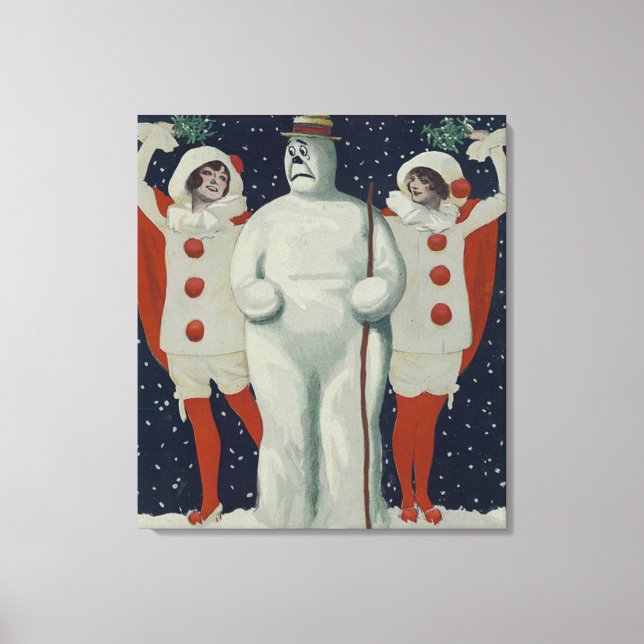Vintage jul Snögubbe och Dam Canvastryck (Framsida)