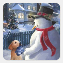 Vintage jul Snögubbe och Hund Fyrkantigt Klistermärke