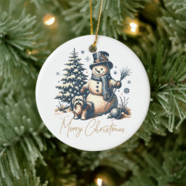 Vintage jul Snögubbe och Hund Julgransprydnad Keramik