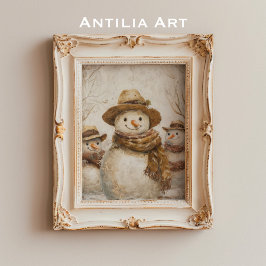 Vintage jul Snögubbe Painting Rustic Julafton Poster