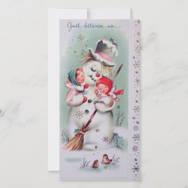 Vintage jul-Snögubbe som håller Änglar Julkort (Framsida)