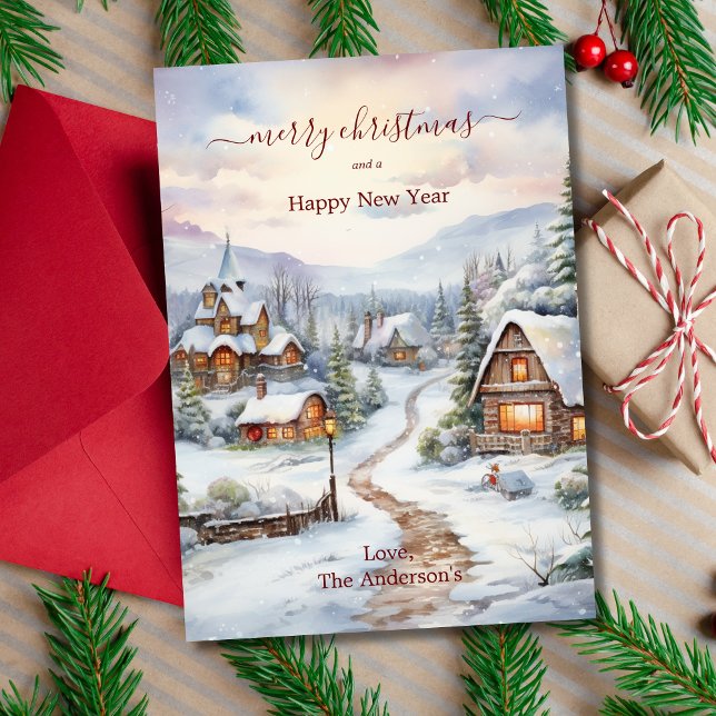Vintage jul snöig byhus Bondgårdar Julkort (Vintage Christmas Houses Village Snowy with Pine Trees. Printed or Digital Download)