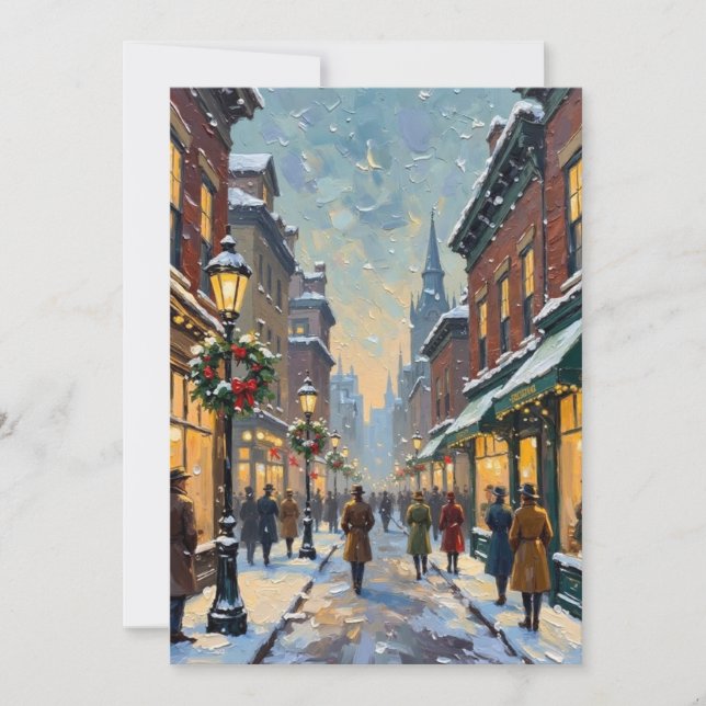 Vintage jul snöig stads gatubild julkort (Framsida)