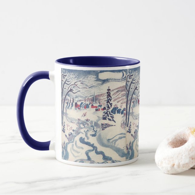 Vintage jul, snölandskap med vinterscen från byn mugg (Med munk)