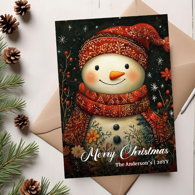 Vintage jul snömannen gratulationskort mall (Vintage Christmas Snowman Greeting Card Template)