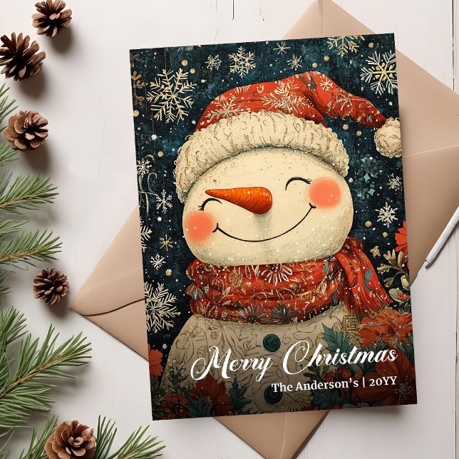 Vintage jul snömannen redigerbar högtidskort julkort (Vintage Christmas Snowman Editable Holiday Card)