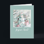 Vintage jul snowman vikad firande kort<br><div class="desc">Kortet visar en charmig vintage-inspirerad snöman med ett vänligt leende och en ljus orange morot näsa. Han står mitt i en festlig samling av färgglada presenter och gnistrande firande ornament. Snömannen är prydd med en mysig halsduk och hög hatt och utstrålar en varm och glädjefull firandestämning. Anpassa text och signatur....</div>